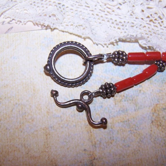 Sterling Silver and Red Coral Bead Necklace and Bracelet - Picture 7 of 8